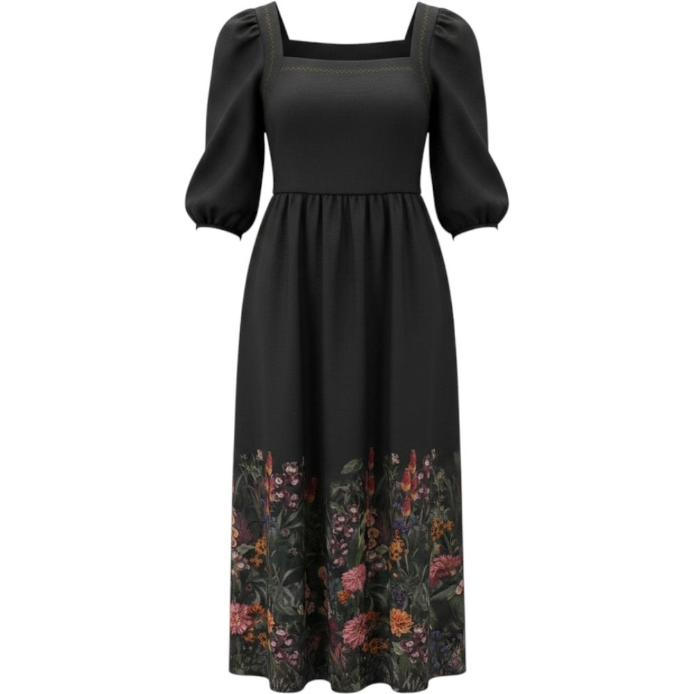 Especia Azadin Long Dress Womens Size M Black Floral Hem Maxi Puff Sleeve Square